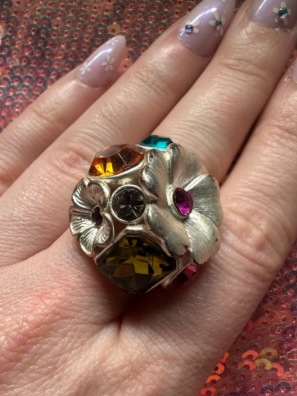 Express • Colorful Floral Rhinestone Cluster Stretch Ring - Picture 6 of 17